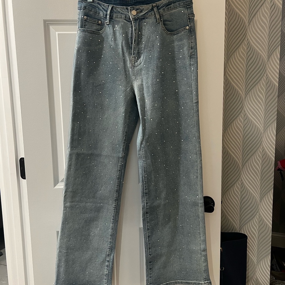 SHEIN Blue Embellished Wide Leg Jeans
